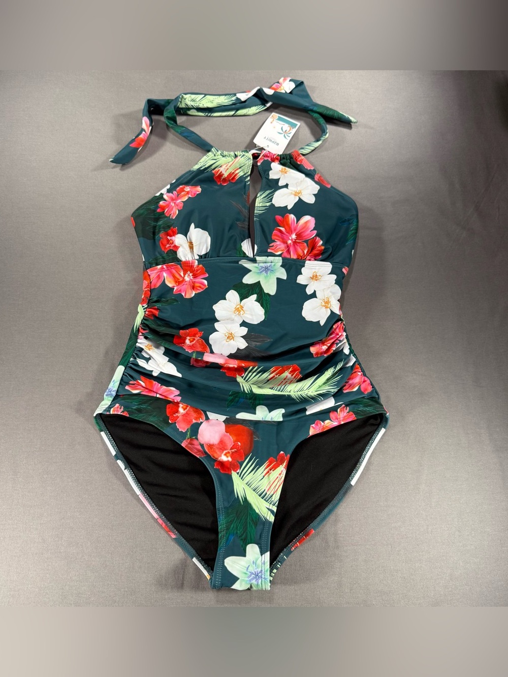 NWT Floral One Piece Swimsuit Tummy Control Halter Bathing Suit Tropical Print M